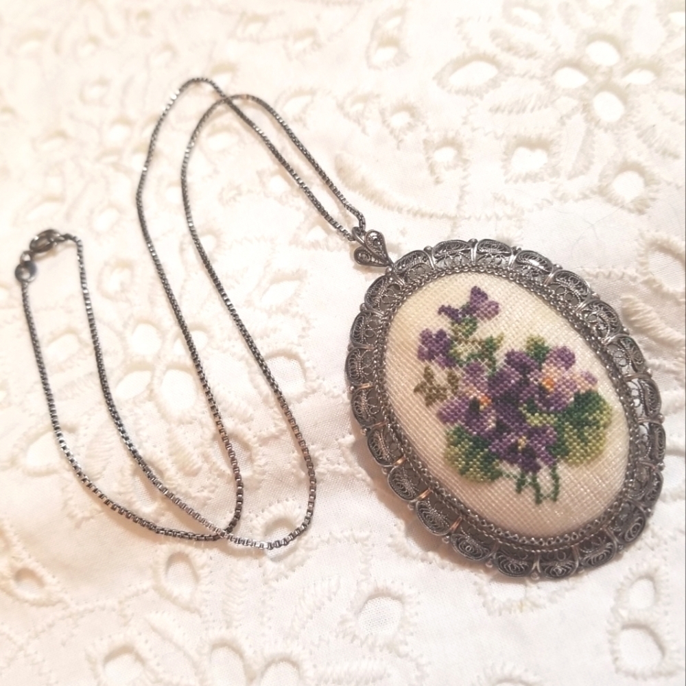 VTG STERLING 925 FILIGREE needle point necklace & brooch set two for one - Picture 2 of 9